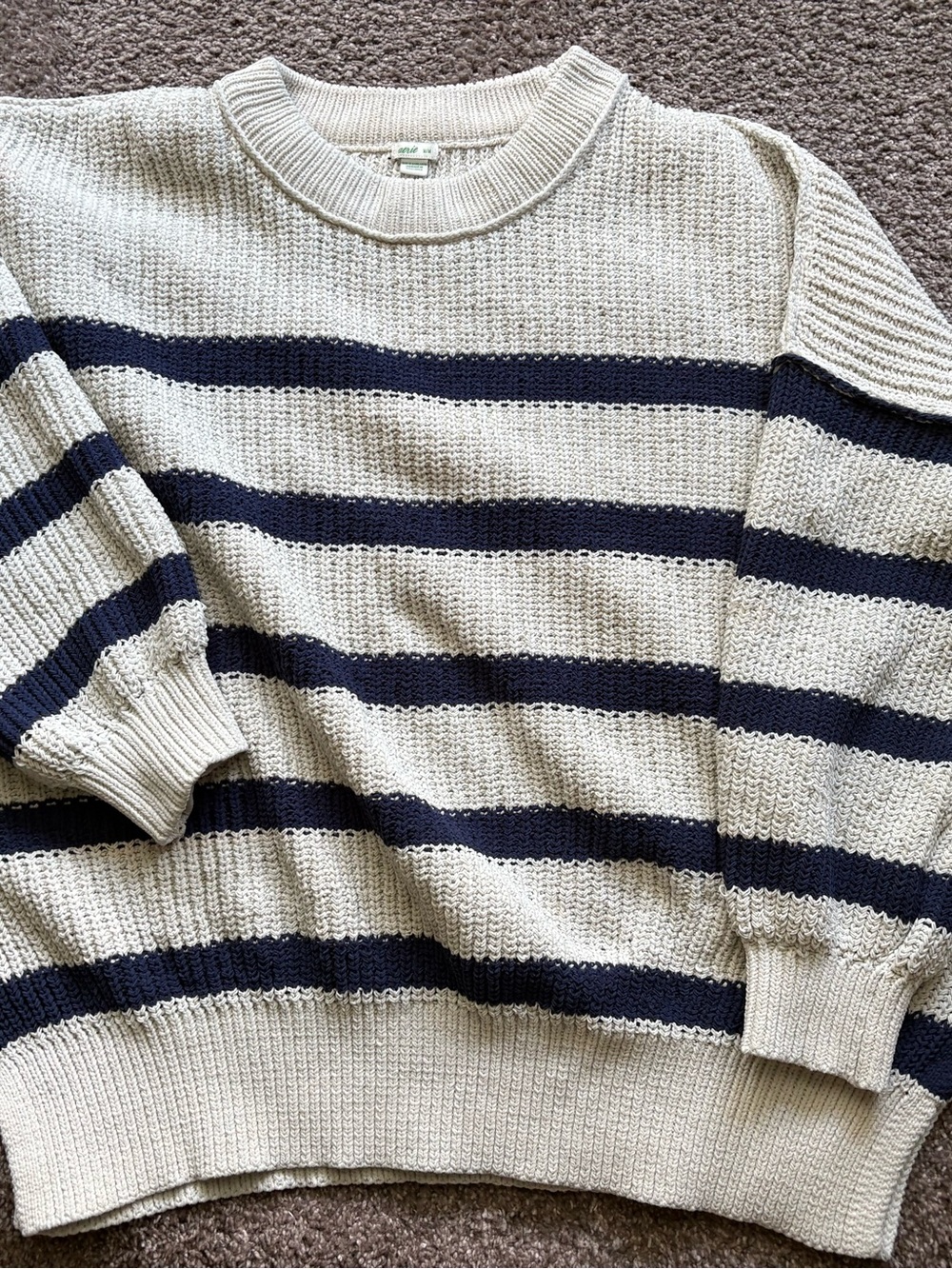 aerie Cream and Navy Striped Crewneck Sweater